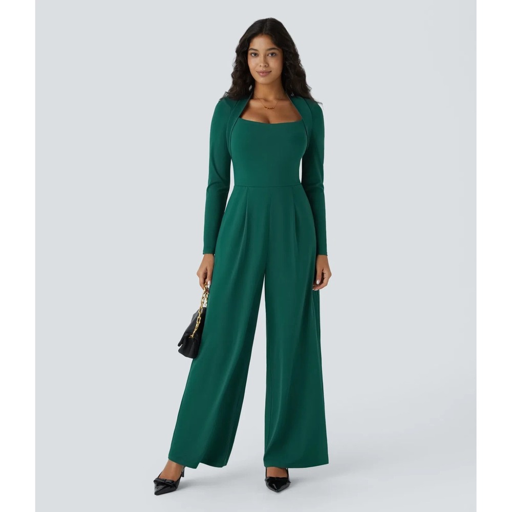 Halara Easy Peezy Wide Leg Jumpsuit Size S Emerald Green Minimalist Long Sleeve